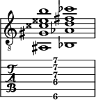  
<<
  %\override Score.BarLine.break-visibility = ##(#f #t #t)
  \time 2/1
    \new Staff  {
    \clef "treble_8"
        \once \override Staff.TimeSignature #'stencil = ##f
        <ais,  gis cisis' eisis' b'>1 | <bes,  aes d' fis' ces''>1 |
    }

     \new TabStaff {
       \override Stem #'transparent = ##t
       \override Beam #'transparent = ##t 
      s2 <ais,\6  gis\4 d'\3 fis'\2 b'\1>1 s2
  }
>>
