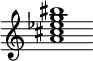 {
  % Rivin lopun pystyviiva ja tahtiosoitus piiloon.
  \override Score.BarLine.break-visibility = ##(#f #t #t)
  \override Staff.TimeSignature #'stencil = ##f
  
  <a' cis'' ees'' g'' bis''>1
}
