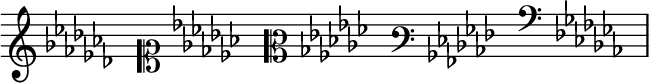 { \new Staff \with{ \magnifyStaff #3/2 } << \time 5/16 \override Score.TimeSignature #'stencil = ##f { \clef french \key ces \major s16 \clef soprano \key ces \major s16 \clef mezzosoprano \key ces \major s16 \clef varbaritone \key ces \major s16 \clef subbass \key ces \major s16  } >> }