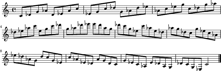 
{

\modalTranspose c c' { c des ees g aes } { c8 des g aes } 
\modalTranspose c des' { c des ees g aes } { c des g aes } 
\modalTranspose c ees' { c des ees g aes } { c des g aes } 
\modalTranspose c g' { c des ees g aes } { c des g aes } 
\modalTranspose c aes' { c des ees g aes } { c des g aes } 
\modalTranspose c c'' { c des ees g aes } { c des g aes } 
\modalTranspose c des'' { c des ees g aes } { c des g aes } 
\modalTranspose c ees'' { c des ees g aes } { c des g aes } 
\modalTranspose c g'' { c des ees g aes } { c des g aes } 

\modalInversion c ees''' { c des ees g aes } { c des g aes } 
\modalInversion c des''' { c des ees g aes } { c des g aes } 
\modalInversion c c''' { c des ees g aes } { c des g aes } 
\modalInversion c aes'' { c des ees g aes } { c des g aes } 
\modalInversion c g'' { c des ees g aes } { c des g aes } 
\modalInversion c ees'' { c des ees g aes } { c des g aes } 
\modalInversion c des'' { c des ees g aes } { c des g aes } 
\modalInversion c c'' { c des ees g aes } { c des g aes } 
\modalInversion c aes' { c des ees g aes } { c des g aes } 
\modalInversion c g' { c des ees g aes } { c des g aes } 
\modalInversion c ees' { c des ees g aes } { c des g aes } 
\modalInversion c des' { c des ees g aes } { c des g aes } 

c'2

\bar "|."
}
