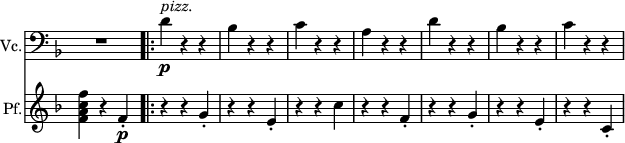 
<<
 \relative c' \new Staff
 \with { instrumentName = "Vc." }
 \with { \remove "Time_signature_engraver" }
 { \key f \major \time 3/4 \set Score.tempoHideNote = ##t \tempo "" 4=100 \clef bass
   R2. \bar ".|:" d4^\markup \italic pizz. \p r r bes r r c r r a r r d r r bes r r c r r
  }
 \relative c'
 \new Staff \with { instrumentName = "Pf." }
 \with { \remove "Time_signature_engraver" }
 { \key f \major \time 3/4
  <f' c a f>4 r f,-.\p \bar ".|:" r r g-. r r e-. r r c' r r f,-. r r g-. r r e-. r r c-.
 }
>>
