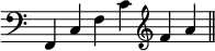 { \override Score.TimeSignature #'stencil = ##f \time 6/4 { \clef bass f, c f c' \clef treble f' a' \bar "||" } }