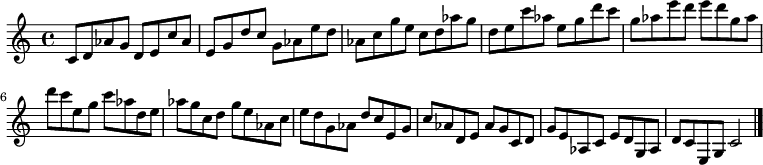 
{

\modalTranspose c c' { c d e g aes } { c8 d aes g } 
\modalTranspose c d' { c d e g aes } { c d aes g } 
\modalTranspose c e' { c d e g aes } { c d aes g } 
\modalTranspose c g' { c d e g aes } { c d aes g } 
\modalTranspose c aes' { c d e g aes } { c d aes g } 
\modalTranspose c c'' { c d e g aes } { c d aes g } 
\modalTranspose c d'' { c d e g aes } { c d aes g } 
\modalTranspose c e'' { c d e g aes } { c d aes g } 
\modalTranspose c g'' { c d e g aes } { c d aes g } 

\modalInversion c e''' { c d e g aes } { c d aes g } 
\modalInversion c d''' { c d e g aes } { c d aes g } 
\modalInversion c c''' { c d e g aes } { c d aes g } 
\modalInversion c aes'' { c d e g aes } { c d aes g } 
\modalInversion c g'' { c d e g aes } { c d aes g } 
\modalInversion c e'' { c d e g aes } { c d aes g } 
\modalInversion c d'' { c d e g aes } { c d aes g } 
\modalInversion c c'' { c d e g aes } { c d aes g } 
\modalInversion c aes' { c d e g aes } { c d aes g } 
\modalInversion c g' { c d e g aes } { c d aes g } 
\modalInversion c e' { c d e g aes } { c d aes g } 
\modalInversion c d' { c d e g aes } { c d aes g } 

c'2

\bar "|."
}
