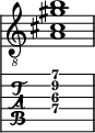  
<<
  %\override Score.BarLine.break-visibility = ##(#f #t #t)
  \time 1/1
    \new Staff  {
    \clef "treble_8"
        \once \override Staff.TimeSignature #'stencil = ##f
        <  a cis' gis' b'>1
    }

     \new TabStaff {
       \override Stem #'transparent = ##t
       \override Beam #'transparent = ##t 
      <  a\4 cis'\3 gis'\2 b'\1>1
  }
>>
