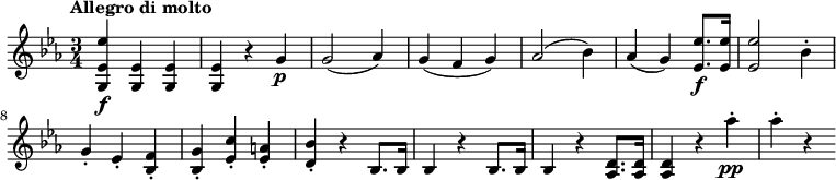 
\version "2.18.2"
\relative c'' {
  \key es \major
  \time 3/4
  \tempo "Allegro di molto"
  \tempo 4 = 160
  <g, es' es'>\f <g es'> <g es'>
  <g es'> r g'4\p
  g2 (aes4)
  g (f g)
  aes2 (bes4)
  aes (g) <es es'>8.\f <es es'>16 
  <es es'>2 bes'4-. \break
  g-. es-. <bes f'>-.
  <bes g'>-. <es c'>-. <es a>-.
  <d bes'>-. r bes8. bes16
  bes4 r bes8. bes16
  bes4 r <aes d>8. <aes d>16
  <aes d>4 r aes''-.\pp
  aes-. r
}
