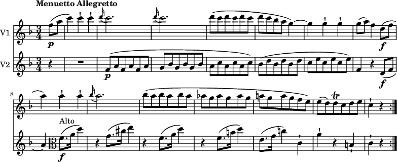 
<<
\new Staff \with { instrumentName = #"V1 "}  \relative c' {
    \version "2.18.2"
    \key f \major 
    \tempo "Menuetto Allegretto"
    \tempo 4 = 130
    \time 3/4
   \partial 4 f'8 \p (a c4) c-! c-!
   \grace d16 (c2.)  \grace d16 (c2.) 
   d8 (c d c d c d c bes a g4) ~ g g-! g-!
   g8 (a) f4 d8\f (f a4) a-! a-!
   \grace bes16 (a2.)
   bes8 (a bes a bes a aes g aes g aes g a! g a g f e)
   e (d) d\trill c d e
   c4-! r
   \bar ":|."
}
\new Staff \with { instrumentName = #"V2 "} 
 \relative c'' {
    \key f \major 
    \clef "treble"
    \time 3/4
   \partial 4 r4 R1*3/4  f,8 \p (a f a f a g bes g bes g bes a c a c a c)
   bes (d bes d bes d c e c e c e)
   f,4 r d8\f (f a4)  \clef "alto" f8.\f ^ \markup{Alto} (a16 d4)
   r g,8. (cis16 e4)
   r  f,8. (a16 d4)
   r  f,8. (b16 d4)
   e,8. (g16 c!4) c,-!
   a'-! r b,-! c-! r  \bar ":|."
 }
>>
