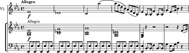 
\new GrandStaff <<
    \new StaffGroup <<
      \new Staff {
        \version "2.18.2"
         \tempo  "Allegro"
        \clef treble
        \key ees \major
       \time 4/4
       \tempo 4 = 120
     \relative c'' {
                < g, bes ees>1 \f ^ \markup {Allegro}
                <bes des g>
                <aes c aes'>
                <f aes d!>
                <g ees>4 r r2 r2 r4 ees'8. (g16)
                  
            }
      }
      \new Staff {
                 \clef bass 
                  \key ees \major
                  \time 4/4
      \relative c'' {
            {ees,,,8 ees'}  \repeat unfold 15   {ees,8 ees'}
            <ees, ees'>4 bes'8. bes16 f'4 bes,8. bes16
            g'4 ees8. g16 bes4 r
             }
      }
   >>
  \new Staff { \set Staff.instrumentName = "V1"
           \relative c'' {
              \key ees \major
              \time 4/4
            ees,1  \f  des c2 aes''
            (aes8) (f d bes) aes (f  d bes)
            ees4 bes8. bes16 f'4 bes,8. bes16
            g'4 ees8. g16 bes4 r
             }
        }
  >>
