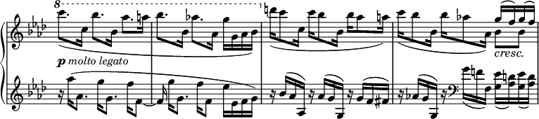 
 \relative c' {
  \new PianoStaff <<
   \new Staff \with { \remove "Time_signature_engraver" } { \key aes \major \time 3/4
    <<
     {
      \ottava #1 \set Staff.ottavation = #"8"
       \voiceTwo c'''8._\markup { \dynamic p \italic { molto legato } }([ c,16] bes'8.[ bes,16] aes'8.[ a16] bes8.[ bes,16] aes'!8.[ aes,16] g'16[ g, aes bes])
      \ottava #0
       d16([ c8 c,16] c'[ bes8 bes,16] bes'[ aes8 a16]) c([ bes8 bes,16] bes'[ aes!8 aes,16]) \voiceOne g'( f) g( f)
     }
     \\
      { s2. s2. s2. s2 bes,8\cresc bes\! }
     >>
    }
   \new Staff \with { \remove "Time_signature_engraver" } { \key aes \major \time 3/4
     {
      r16 aes'16([ aes,8.] g'16[ g,8.] f'16[ f,8~] f16 g'16[ g,8.] f'16[ f,8] \voiceTwo es'16[ es, f g])
      b\rest \voiceOne bes( aes aes,) b'\rest aes( g g,) b'\rest g( f fis)
      b\rest aes!( g g,) b'\rest \clef bass \voiceTwo g( f! f,) <es' g,>( <d aes>) <es g,>( <d aes>)
     }
   }
  >>
 }
