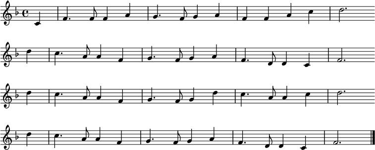 
\relative c' {
\new PianoStaff <<
\new Staff { \key f \major \time 4/4 \partial 4 
c4 f4. f8 f4 a4 g4. f8 g4 a4 f4 f4 a4 c4 d2. \bar "" \break
d4 c4. a8 a4 f4 g4. f8 g4 a4 f4. d8 d4 c4 f2. \bar "" \break
d'4 c4. a8 a4 f4 g4. f8 g4 d'4 c4. a8 a4 c4 d2. \bar "" \break
d4 c4. a8 a4 f4 g4. f8 g4 a4 f4. d8 d4 c4 f2. \bar "|."
}
\addlyrics {
 ほ た る の ひ か ー り ま ど の ゆ ー き
 ふ み よ む つ き ー ひ か さ ね つ ー ゝ
 い つ し か と し ー も す ぎ ー の と を
 あ け て ぞ け さ ー は わ か れ ゆ ー く
}
>>
}
