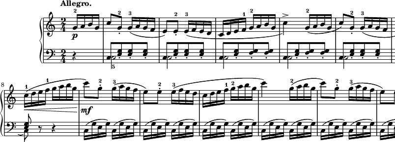 
sVarB = { r4 | << { \voiceOne c8[<e g>_. <e g>_. <e g>_.] | c8[<e g>_. <e g>_. <e g>_.] | c8[<e g>_. <f g>_. <f g>_.] | c8[<e g>_. <f g>_. <f g>_.] | c8[<e g>_. <e g>_. <e g>_.] | c8[<e g>_. <e g>_. <e g>_.] | c8[<e g> <f g> <f g>] | <e g>8 } \new Voice { \voiceTwo c2_5 | c2 | c2 | c2 | c2 | c2 | c2( | c8) } >> \oneVoice r8 r4 | c16([g' e g]) c,([g' e g]) | c,([g' e g]) c,([g' e g]) | c,([g' e g]) c,([g' e g]) | c,([g' e g]) c,([g' e g]) | c,([g' e g]) c,([g' e g]) | c,([g' e g]) c,([g' e g]) | c,([g' e g]) c,([g' f g]) | <c, e g>4 }

sVarA = { \partial 4 g16-2\p[a b g] | c8)[g-.-2] \slurDown g16-3([a g f] | e8)[e-.-2] e16-3([f e d] | c[d e f-1] g-2[a b g] | c4->) g16-2([a b g] | 
c8)[g-.-2] g16-3([a g f] | e8)[e-.-2] e16-3([f e d] | c[d e f-1] g[a b g]) | \slurNeutral c-1( \< [d e f-1] g[a b g]\! | c8)\mf[g-.-2] g16-3([a g f] | e8)[e-.-2] e16-3([f e d] | 
c[d e f-1] g-2[a b g] | c4) g16-2([a b g] | c8)[g-.-2] g16-3([a g f] | e8)[e-.-2] e16-3([f e d] | c[d e f-1] g-2[a b g] | c4) \bar "||" }

\paper { #(set-paper-size "a3") oddHeaderMarkup = \evenHeaderMarkup }
\header { tagline = ##f }
\version "2.18.2"
\score {
\midi {  }
\layout { line-width = #260
\context { \PianoStaff \consists #Span_stem_engraver } indent = 2\cm}
\new PianoStaff <<
  \new Staff { \clef 
"violin" \key c \major \time 2/4 \tempo \markup { \bold "Allegro." } \relative f' { \sVarA } }
  \new Staff { \clef "bass" \key c \major \time 2/4 \relative c { \sVarB } }
>> }