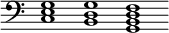 { \override Score.TimeSignature #'stencil = ##f \clef bass \cadenzaOn <c e g>1 <b, d g> <g, b, d f> }