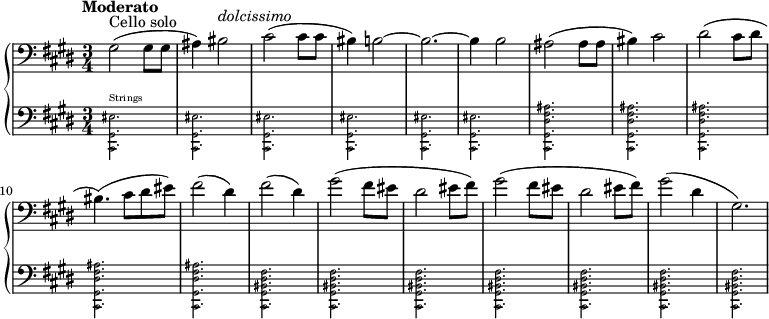 
{ \new PianoStaff <<
   \new Staff \relative c { \key e \major \time 3/4 \clef bass \tempo "Moderato" \set Staff.midiInstrument = #"cello" gis'2(^"Cello solo"  gis8 gis8 ais4)  bis2^\markup { \italic { dolcissimo } } cis2( cis8 cis8 bis4) b2~ b2.~ b4 b2  ais2( ais8 ais8 bis4) cis2 dis2( cis8 dis8 bis4.)( cis8 dis8 eis8) fis2( dis4) fis2( dis4) gis2( fis8 eis8 dis2 eis8 fis8)  gis2( fis8 eis8 dis2 eis8 fis8) gis2( dis4 gis,2.) 
  }
   \new Staff \relative c { \key e \major \time 3/4 \clef bass  \set Staff.midiInstrument = #"strings" 
\new CueVoice { \set Staff.midiInstrument = #"pizzicato strings"
     \stemDown <eis gis, cis,>2.^"Strings" <eis gis, cis,>2. <eis gis, cis,>2. <eis gis, cis,>2. <eis gis, cis,>2. <eis gis, cis,>2. < ais fis dis gis, cis,>2. < ais fis dis gis, cis,>2. < ais fis dis gis, cis,>2. < ais fis dis gis, cis,>2. < ais fis dis gis, cis,>2. < fis dis bis gis cis,>2. < fis dis bis gis cis,>2. < fis dis bis gis cis,>2. < fis dis bis gis cis,>2. < fis dis bis gis cis,>2. < fis dis bis gis cis,>2. < fis dis bis gis cis,>2.
  }}
  >> }
