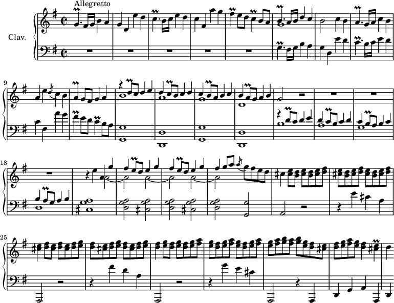 
\version "2.18.2"
\header {
  tagline = ##f
  % composer = "Domenico Scarlatti"
  % opus = "K. 520"
  % meter = "Allegro"
}

%% les petites notes
trillGp     = { \tag #'print { g4.\prall } \tag #'midi { a32 g a g~ g4 } }
trillCp     = { \tag #'print { c4.\prall } \tag #'midi { d32 c d c~ c4 } }
trillFis    = { \tag #'print { fis4\prall } \tag #'midi { g32 fis g fis~ fis8 } }
trillC      = { \tag #'print { c4\prall } \tag #'midi { d32 c d c~ c8 } }
trillBp     = { \tag #'print { b4.\prall } \tag #'midi { c32 b c b~ b4 } }
trillAp     = { \tag #'print { a4.\prall } \tag #'midi { b32 a b a~ a4 } }
trillA      = { \tag #'print { a4\prall } \tag #'midi { b32 a b a~ a8 } }

trillDq     = { \tag #'print { d8\prall } \tag #'midi { e32 d e d } }
trillCq     = { \tag #'print { c8\prall } \tag #'midi { d32 c d c } }
trillEq     = { \tag #'print { e8\prall } \tag #'midi { fis32 e fis e } }
trillBq     = { \tag #'print { b8\prall } \tag #'midi { c32 b c b } }
trillAq     = { \tag #'print { a8\prall } \tag #'midi { b32 a b a } }
trillECis   = { \tag #'print { < cis e >4\prall } \tag #'midi { << { fis32 e fis e~ e8 } \\ { cis4 } >> } }

upper = \relative c'' {
  \clef treble 
  \key g \major
  \time 2/2
  \tempo 2 = 76
  \set Staff.midiInstrument = #"harpsichord"
  \override TupletBracket.bracket-visibility = ##f

      s8*0^\markup{Allegretto}
      \trillGp fis16 g b4 a | g d e' d | \trillCp b16 c e4 d | c fis, a' g | \trillFis e8 d \trillC b8 a |
      % ms. 6
      << { \trillBp a16 b d4 c } \\ { g1 } >> b2 c4 b | \trillAp g16 a c4 b | a e' \acciaccatura d8 c4 b | \trillA g8 fis g4 a |
      % ms. 11
      << { r4 \trillDq c8 d4 e | d \trillCq b8 c4 d | c \trillBq a8 b4 c | b \trillAq g8 a4 b } \\ { b1 a g d } >> g2 r2
      % ms. 16… 19…
      R1*3 | r4 e'4 << { a,4 g' | \repeat unfold 2 { fis \trillEq d8 e4 g } | fis4 g8[ a] } \\ { \repeat unfold 3 { a,2~ | a } } >> |
      % ms. 22 suite
      \acciaccatura a'8 g8 fis e d | cis4 < cis e >8 < b d > \repeat unfold 3 { < cis e >8 < b d >  < cis e > < d fis > } |
      % ms. 25
      < cis e >4 < d fis >8 < cis e > \repeat unfold 3 { < d fis > < cis e >  < d fis > < e g > } | < d fis >4 < e g >8 < d fis > \repeat unfold 3 { < e g >8 < d fis > < e g > < fis a > }
      % ms. 29
      < e g >8 \repeat unfold 2 { < fis a >8 < g b > } < e g >8 < d fis > < cis e > | < d fis > < e g > < fis a > < e g > < d fis >4 \trillECis | d4

}

lower = \relative c' {
  \clef bass
  \key g \major
  \time 2/2
  \set Staff.midiInstrument = #"harpsichord"
  \override TupletBracket.bracket-visibility = ##f

    % ************************************** \appoggiatura a16  \repeat unfold 2 {  } \times 2/3 { }   \omit TupletNumber 
      R1*5 |
      % ms. 6
      \trillGp fis16 g b4 a | g d e' d | \trillCp b16 c e4 d | c fis, a' g | \trillFis e8 d \trillC b8 a |
      % ms. 11
      \repeat unfold 2 { < g, g' >1 < d d' > } | 
      % ms. 15
      << { g''4\rest \trillDq c8 d4 e | d \trillCq b8 c4 d | c \trillBq a8 b4 c | b \trillAq g8 a4 b } \\ { b1 a g d } >>
      % ms. 19
      < cis g' a >1 | \repeat unfold 2 { < d g a >2 < cis g' a > } |
      % ms. 22
      < d g a >2 < g, g' > | a2 r2 | r4 e''4 cis a | 
      % ms. 25
      a,,2 r2 | r4 fis'''4 d a | a,,2 r2 | r4 g'''4 e cis |
      % ms. 29
      a,,2 r4 a4 | d g a a, | d 

}

thePianoStaff = \new PianoStaff <<
    \set PianoStaff.instrumentName = #"Clav."
    \new Staff = "upper" \upper
    \new Staff = "lower" \lower
  >>

\score {
  \keepWithTag #'print \thePianoStaff
  \layout {
      #(layout-set-staff-size 17)
    \context {
      \Score
     \override SpacingSpanner.common-shortest-duration = #(ly:make-moment 1/2)
      \remove "Metronome_mark_engraver"
    }
  }
}

\score {
  \keepWithTag #'midi \thePianoStaff
  \midi { }
}
