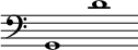 { \override Score.TimeSignature #'stencil = ##f \time 3/1 \clef bass g,1 d' }