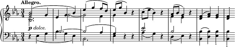 
 \relative c' {
  \new PianoStaff <<
   \new Staff { \key es \major \time 3/4 \tempo "Allegro."
    <<
     {
      <bes' g>2( g4 es g bes) es( g f8 d) es( g bes,4) b\rest
      \stemDown c8( es bes4) b\rest \stemUp aes8( bes g4) b\rest <f d>( <aes f>) <g es>-. <f d>-.
     }
    \\
     { <es bes>2. s4 g2~ g f4 g s2 s2. f4 es }
    >>
   }
   \new Dynamics {
    s2._\markup { \dynamic p \italic dolce. }
   }
   \new Staff { \key es \major \time 3/4 \clef bass
    <<
     { s2. bes2.~ bes2( aes4 g) s2 es'2 s4 bes2 s4 }
    \\
     {
      d,4\rest es4( g bes g es) bes2. es4 d\rest d\rest aes'( g) d\rest d( es) d\rest
      <bes' bes,>^\( <bes d,>\) <bes es,>-. <bes bes,>-.
     }
    >>
   }
  >>
 }
