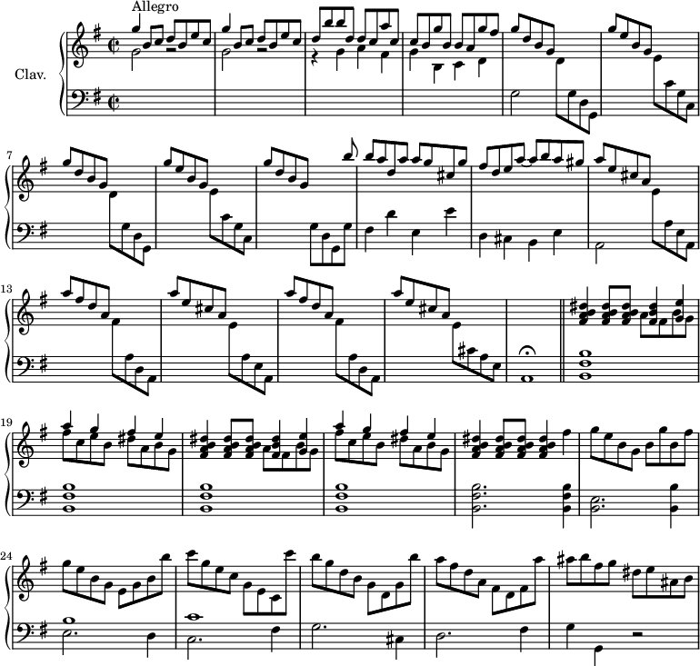 
\version "2.18.2"
\header {
  tagline = ##f
  % composer = "Domenico Scarlatti"
  % opus = "K. 337"
  % meter = "Allegro"
}

%% les petites notes
%trillBesp     = { \tag #'print { bes4.\prall } \tag #'midi { c32 bes c bes~ bes4 } }

upper = \relative c'' {
  \clef treble 
  \key g \major
  \time 2/2
  \tempo 2 = 92
  \set Staff.midiInstrument = #"harpsichord"
  \override TupletBracket.bracket-visibility = ##f

      s8*0^\markup{Allegro}
      \stemUp \repeat unfold 2 { g'4 b,8 c d b e c } | d8 b' b d, d c a' c, | c b g' b, b a g' fis |
      % ms. 5
      \repeat unfold 2 { g8 d b g s2 | g'8 e b g s2 } |
      % ms. 9
      g'8 d b g s4 s8 b'8 | b a d, a' a g cis, g' | fis d e a~ a b a gis | \repeat unfold 2 { a e cis a s2 |
      % ms. 13
      a'8 fis d a s2 } | a'8 e cis a s2 | s1 |
      % ms. 18
      \stemNeutral \repeat unfold 2 { < fis a b dis >4 q8 q8 << { < fis b dis >4 < g e' > } \\ { a8 fis b g } >> | << { a'4 g fis e } \\ { fis8 c e b dis a b g } >> }
      % ms. 22
      < fis a b dis >4 q8 q8 q4 fis' | g8 e b g b g' b, fis' | g e b g e g b b' | c g e c g e c c'' |
      % ms. 26
      b8 g d b g d g b' | a fis d a fis d fis a' | ais b fis g dis e ais, b | 

}

lower = \relative c' {
  \clef bass
  \key g \major
  \time 2/2
  \set Staff.midiInstrument = #"harpsichord"
  \override TupletBracket.bracket-visibility = ##f

    % ************************************** \appoggiatura a8  \repeat unfold 2 {  } \times 2/3 { }   \omit TupletNumber 
      \stemDown \change Staff = "upper" g'2 r2 | g2 r2 | r4 g4 a fis  | g b, c d |
      % ms. 5
      \change Staff = "lower" g,2 \repeat unfold 2 { \stemDown \change Staff = "upper" d'8  \change Staff = "lower" g, d g, | s2 \stemDown \change Staff = "upper" e''8 \change Staff = "lower" c g c, s2 } |
      % ms. 9
      g'8 d g, g' | fis4 d' e, e' | d, cis b e | a,2 \repeat unfold 2 { \stemDown \change Staff = "upper" e''8  \change Staff = "lower" a, e a, |
      % ms. 13
      s2 \stemDown \change Staff = "upper" fis''8   \change Staff = "lower" a, d, a s2 } | \stemDown \change Staff = "upper" e''8 \change Staff = "lower" cis a e | a,1\fermata \bar "||"
      % ms. 18
      \repeat unfold 4 { < b fis' b >1 }
      % ms. 22
      < b fis' b >2. q4 | < e b >2. < b b' >4 | << { b'1 | c } \\ { e,2. d4 | c2. fis4 } >>
      % ms. 26
      g2. cis,4 | d2. fis4 | g4 g, r2 |

}

thePianoStaff = \new PianoStaff <<
    \set PianoStaff.instrumentName = #"Clav."
    \new Staff = "upper" \upper
    \new Staff = "lower" \lower
  >>

\score {
  \keepWithTag #'print \thePianoStaff
  \layout {
      #(layout-set-staff-size 17)
    \context {
      \Score
     \override SpacingSpanner.common-shortest-duration = #(ly:make-moment 1/2)
      \remove "Metronome_mark_engraver"
    }
  }
}

\score {
  \keepWithTag #'midi \thePianoStaff
  \midi { }
}
