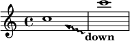 
\sourcefileline 491
\relative c'' {
  \override Glissando #'(bound-details right text) = \markup { \center-align \bold down }
  \override Glissando #'(bound-details right Y) = #-4
  \override Glissando #'(bound-details right padding) = #0.0
  \override Glissando #'(bound-details left arrow) = ##t
  \override Glissando #'(bound-details left padding) = #3.0
  \override Glissando #'style = #'trill
  \override Glissando #'springs-and-rods = #ly:spanner::set-spacing-rods
  \override Glissando #'minimum-length = #12
  
  c1 \glissando c'
}
