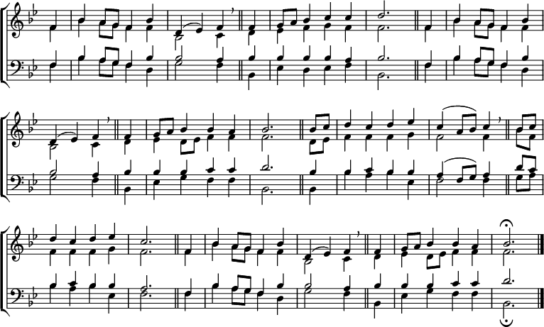 
\new ChoirStaff <<
  \new Staff { \clef treble \time 4/4 \key bes \major \partial 4 \set Staff.midiInstrument = "church organ" \omit Staff.TimeSignature \set Score.tempoHideNote = ##t \override Score.BarNumber  #'transparent = ##t
  \relative c'
  << { f4 | bes a8 g f4 bes | d,( es) f \breathe \bar"||"
       f | g8 a bes4 c c | d2. \bar"||"
       f,4 | bes a8 g f4 bes | \break d,( es) f \breathe \bar"||"
       f | g8 a bes4 bes a | bes2. \bar"||"
       bes8 c | d4 c d es | c( a8 bes) c4 \breathe \bar"||"
       bes8 c | \break d4 c d es | c2. \bar"||"
       f,4 | bes a8 g f4 bes | d,( es) f \breathe \bar"||"
       f | g8 a  bes4 bes a | bes2. \fermata \bar"|." } \\
  { f4 | bes a8 g f4 f | bes,2 c4
    d | es f g f | f2.
    f4 | bes a8 g f4 f | bes,2 c4
    d | es d8 es f4 f | f2.
    d8 es | f4 f f g | f2 f4
    bes8 f | f4 f f g | f2.
    f4 | bes a8 g f4 f | bes,2 c4 
    d | es d8 es f4 f | f2. } >>
  } 
\new Staff { \clef bass \key bes \major \set Staff.midiInstrument = "church organ" \omit Staff.TimeSignature
  \relative c
  << { f4 | bes a8 g f4 bes | bes2 a4
       bes4 | 4 4 4 a | bes2.
       f4 | bes a8 g f4 bes | bes2 a4
       bes | 4 4 c c | d2.
       bes4 | bes c bes bes | a( f8 g) a4
       d8 c | bes4 c bes bes | a2.
       f4 | bes a8 g f4 bes | bes2 a4
       bes | bes bes c c | d2. } \\
  { f,4 | bes a8 g f4 d | g2 f4
    bes, | es d es f | bes,2.
    f'4 | bes a8 g f4 d | g2 f4
    bes, | es g f f | bes,2.
    bes4 | bes' a bes es, | f2 f4
    g8 a | bes4 a bes es, | f2.
    f4 | bes a8 g f4 d | g2 f4 
    bes,4 es g f f | bes,2. \fermata } >>
  } 
>>
\layout { indent = #0 }
\midi { \tempo 4 = 116 }
