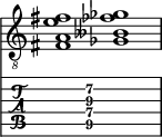  
<<
  %\override Score.BarLine.break-visibility = ##(#f #t #t)
  \time 2/1
    \new Staff  {
    \clef "treble_8"
        \once \override Staff.TimeSignature #'stencil = ##f
        < fis a e' fis' >1 | < ges beses fes' ges' >1 |
    }

     \new TabStaff {
       \override Stem #'transparent = ##t
       \override Beam #'transparent = ##t 
      s2 < fis\5 a\4 e'\3 fis'\2 >1 s2
  }
>>
