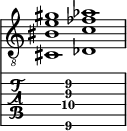  
<<
  %\override Score.BarLine.break-visibility = ##(#f #t #t)
  \time 2/1
    \new Staff  {
    \clef "treble_8"
        \once \override Staff.TimeSignature #'stencil = ##f
        <cis  bis e' gis' >1 | <des  c' fes' aes' >1 |
    }

     \new TabStaff {
       \override Stem #'transparent = ##t
       \override Beam #'transparent = ##t 
      s2 <cis\6  c'\4 e'\3 gis'\2 >1 s2
  }
>>
