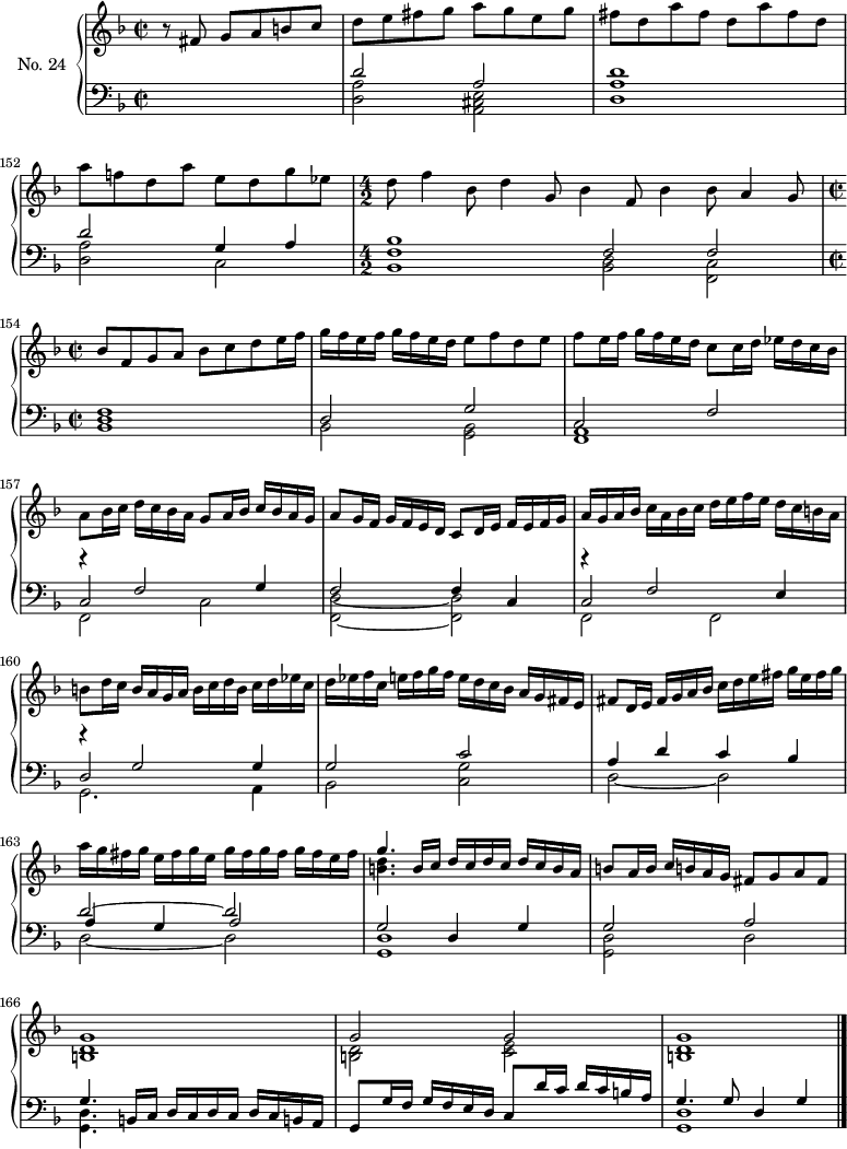 
\version "2.14.2"
\header {
  tagline = ##f
}
upper = \relative c' {
  \clef treble 
  \key f \major
  \time 2/2
  \tempo 2 = 76
  \set Score.currentBarNumber = #150
  \set Staff.midiInstrument = #"harpsichord"

  \partial 2. r8 fis8 g a b! c d e fis g a g e g | fis d a' fis  d a' fis d | a' f! d a' e d g ees
  d8 f4 bes,8 d4 g,8 bes4 f8 bes4 bes8 a4 g8 bes f g a bes c d e16 f
  g16[ f e f] g f e d e8 f d e f e16 | f g[ f e d] c8 c16 d ees[ d c bes] a8 bes16 c d[ c bes a] g8 a16 bes c[ bes a g] 
  a8 g16 f g[ f e d] c8 d16 e f[ e f g] | a[ g a bes] c a bes c d[ e f e] d c b! a 
  b!8 d16 c b[ a g a] b[ c d b] c[ d ees c] d[ ees f c] e![ f g f] e[ d c bes] a[ g fis e] 
  fis8 d16 e fis[ g a bes] c[ d e fis] g[ e fis g] | a[ g fis g] e[ fis g e] g[ fis g fis] g fis e fis]
  << { g4. b,16[ c] d[ c d c] d[ c b a] } \\ { < d b! >4. } >>
  b!8 a16 b c[ b! a g] fis8 g a fis 
  << { g1 g2 g2 g1 } \\ { < d b! >1 < d b! >2 < e c > < d b! >1 } >>

}

lower = \relative c {
  \clef bass
  \key f \major
  \time 2/2
  \set Staff.midiInstrument = #"harpsichord"
    
   s2.
   << { d'2 a2 } \\ { < a d, >2 < e a, cis >2 } >>
   << { d'1 } \\ { < a d, >1 } >>
   % ms 152
   << { d2 g,4 a } \\ { < a d, >2 c,2 } >>
  \time 4/2
   << { bes'1 f2 f } \\ { < f bes, >1 < d bes >2 < c f, >2 } >>
  \time 2/2
  << { f1 d2 g c,2 f  } \\ { < d bes >1 bes2 < bes g >2 < a f >1 } >>
  << { r4 f'2 g4 f2 f4 c } \\ { f,2 c' < d f, >2~ < d f, > } \\ { c2 } >>
  << { r4 f2 e4 } \\ { f,2 f }  \\ { c'2 } >>
  % Ms 160
  << { r4 g'2 g4 } \\ { g,2. a4 }  \\ { d2 } >>
  << { g2 c a4 d c bes } \\ { bes,2 < g' c, >2 d2~ d } >>
  << { d'2~ d } \\ { d,2~ d }  \\ { a'4 g a2 } >>
  % Ms 164
  << {   \tempo 2 = 70 g2 d4 g g2 a g4. b,!16 c d[ c d c] d[ c b! a] g8 g'16 f g[ f e d] c8 d'16 c d[ c b! a]  } \\ { < d, g, >1 < d g, >2 d2 < d g, >4. } >>
  << { \tempo 2 = 65 g4. g8 \tempo 2 = 50 d4 g } \\ { < d g, >1 } >>
  \bar "|." 
}

\score {
  \new PianoStaff <<
    \set PianoStaff.instrumentName = #"No. 24"
    \new Staff = "upper" \upper
    \new Staff = "lower" \lower
  >>
  \layout {
    \context {
      \Score
      \remove "Metronome_mark_engraver"
    }
  }
  \midi { }
}
