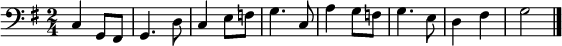 \relative c {
  \clef bass
  \key g \major
  \time 2/4
  c4 g8 fis |
  g4. d'8 |
  c4 e8 f |
  g4. c,8 |
  a'4 g8 f |
  g4. e8 |
  d4  fis |
  g2
  \bar "|."
}