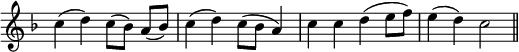 { \override Score.TimeSignature #'stencil = ##f \time 4/4 \key f \major \relative c'' {
  c4( d) c8([ bes]) a( bes) | c4( d) c8( bes a4) |
  c4 c d( e8 f) | e4( d) c2 \bar "||" } }