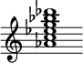 {
  % Rivin lopun pystyviiva ja tahtiosoitus piiloon.
  \override Score.BarLine.break-visibility = ##(#f #t #t)
  \override Staff.TimeSignature #'stencil = ##f
  
  <aes' c'' ees'' g'' bes'' des'''>1
}
