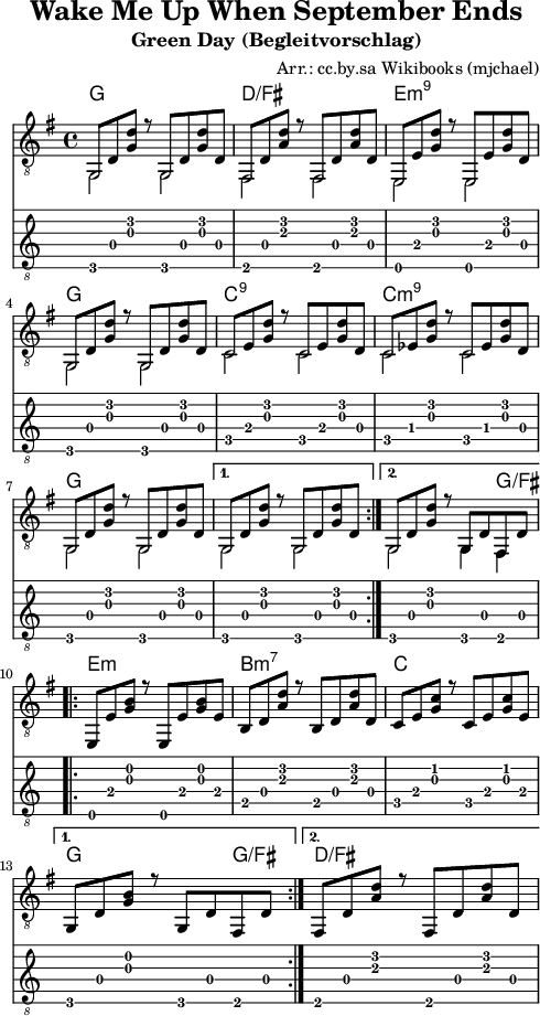 
\header {
  title = "Wake Me Up When September Ends"
  subtitle = "Green Day (Begleitvorschlag)"
  % piece = " ... "
  % composer = "trad."
  % opus = "Op.31"
  % source = "using different sources"
  arranger = "Arr.: cc.by.sa Wikibooks (mjchael)"
  copyright = "ccbysa de.wikibooks.org/wiki/Gitarre"
  % footer = " ... "
}

myKey = {
  \clef "treble_8" 
  \time 4/4  
  \tempo 4 = 100 
  \key g \major 
  \set Score.tempoHideNote = ##t
  \mergeDifferentlyHeadedOn
}

myChords = { 
  \chordmode {
    \set chordChanges = ##t
    \repeat volta 2 { 
      g1 d:/fis e:m9 g
      c:9 c:m9 g 
    }
    \alternative {
      { g1 }
      { g2 g4 g:/fis}
    }
    \repeat volta 2 {
      e1:m b:m7 c 
    }
    \alternative {
      { g2 g4 g:/fis}
      { d1:/fis }
    }
    
  } 
}

myDiskant =  {
  \myKey
  \set Staff.midiInstrument = "acoustic guitar (nylon)"
 \stemUp 
  \repeat volta 2 {
  g,8  d <g d'> r8 g,   d <g d'> d
  fis, d <a d'> r8 fis, d <a d'> d
  e,   e <g d'> r8 e,   e <g d'> d
  g,   d <g d'> r8 g,   d <g d'> d
  c    e <g d'> r8 c    e <g d'> d
  c   es <g d'> r8 c   es <g d'> d
  g,   d <g d'> r8 g,   d <g d'> d
  
  } 
  \alternative {
    {
      g,8 d <g d'> r8 g, d <g d'> d
    } 
    { 
      g,8 d <g d'> r8 g, d fis, d
    }
  }
  \repeat volta 2 {
    e, e <g b > r8 e, e <g b > e
    b, d <a d'> r8 b, d <a d'> d
    c  e <g c'> r8 c  e <g c'> e
  }
  \alternative {
    { g,8 d <g b> r8 g, d fis, d }
    { fis, d <a d'> r8 fis, d <a d'> d }
  }
}

myBass =  {
  \myKey
%  \override NoteHead #'color = #blue
  \repeat volta 2 {
  g,2 2 | fis,2 2 | e,2 2 | g,2 2 |
  c2 2 | c2 2 | g,2 2 |
  } 
  \alternative {
    {  g,2 2 }
    { g,2 4 fis, }
  }

}

 myGuitar = << \myDiskant \\ \myBass >>

\score {
  <<
   \new ChordNames { \myChords }
    \new Voice  { 
      \myKey
      \myGuitar 
    }
    \new TabStaff { \myGuitar }
  >>
  \layout { }
}
\score {
  <<
   % \new ChordNames { \Akkorde }
    \new Voice  { 
      \myKey 
      \unfoldRepeats \myGuitar 
      \unfoldRepeats \myGuitar
      \unfoldRepeats \myGuitar
    }
  >>
  \midi { }
}

\paper {
  indent=0\mm
  line-width=120\mm
  oddFooterMarkup=##f
  oddHeaderMarkup=##f
  % bookTitleMarkup=##f
  scoreTitleMarkup=##f
}
