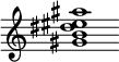 {
  % Rivin lopun pystyviiva ja tahtiosoitus piiloon.
  \override Score.BarLine.break-visibility = ##(#f #t #t)
  \override Staff.TimeSignature #'stencil = ##f
  
  <gis' b' dis'' eis'' ais''>1
}
