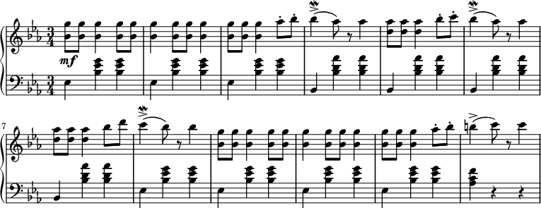 
 \relative d' {
  \new PianoStaff <<
   \new Staff { \key c \minor \time 3/4 
    \set Score.tempoHideNote = ##t \tempo "" 2. = 56
      <bes' g'>8 <bes g'> <bes g'>4 <bes g'>8 <bes g'> <bes g'>4 <bes g'>8 <bes g'> <bes g'>4 <bes g'>8 <bes g'> <bes g'>4 aes'8-. bes-. bes4->\mordent( aes8) r aes4 <d, aes'>8 <d aes'> <d aes'>4 bes'8-. c-. bes4->\mordent( aes8) r aes4 <d, aes'>8 <d aes'> <d aes'>4 bes'8 d c4->\mordent( bes8) r bes4 <bes, g'>8 <bes g'> <bes g'>4 <bes g'>8 <bes g'> <bes g'>4 <bes g'>8 <bes g'> <bes g'>4 <bes g'>8 <bes g'> <bes g'>4 aes'8-. bes-. b4->( c8) r c4
   }
   \new Dynamics {
    s\mf
      }
   \new Staff { \key c \minor \time 3/4 \clef bass 
      ees,,,4 <bes' ees g> <bes ees g> ees, <bes' ees g> <bes ees g> ees, <bes' ees g> <bes ees g> bes, <bes' d aes'> <bes d aes'> bes, <bes' d aes'> <bes d aes'> bes, <bes' d aes'> <bes d aes'> bes, <bes' d aes'> <bes d aes'> ees, <bes' ees g> <bes ees g> ees, <bes' ees g> <bes ees g> ees, <bes' ees g> <bes ees g> ees, <bes' ees g> <bes ees g> <aes c f> r r
   }
  >>
 }
