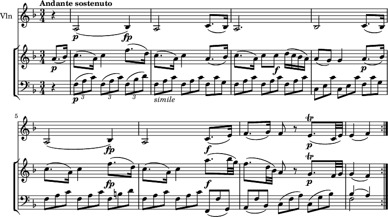 
\new GrandStaff <<
    \new StaffGroup <<
      \new Staff {
        \version "2.18.2"
        \tempo  "Andante sostenuto"
        \clef treble
        \key f \major
       \time 3/4
       \tempo 4 = 70
     \relative c'' {
                \partial 4 a8. \p (bes16)
                c8. (a16) c4 f8. (d16)
                c8. (a16) c4 a8. (bes16)
                c8. (a16)  c8 c \f d16 (c bes a)
                a8 (g) g4 a8.\p (bes16)
                c8. (a16) c4 f8.\fp (d16)
                c8. (a16) c4 a'8.\f (bes32 g)
                f8. (d32 bes) a8 r8 g8.\trill \p f32 g g4 (f) \bar ":|."
            }
      }
      \new Staff {
                 \clef bass 
                  \key f \major
                  \time 3/4
                  
      \relative c {
            \partial 4 r4
            \tuplet 3/2 {f8 \p (a c)} \tuplet 3/2 {f,8 (a c)} \tuplet 3/2 {f,8 (bes d)}
            \scaleDurations 2/3 {f,8_\markup{\italic simile} a c f, a c f, c' g f a c f, a c f, a c c, e c' c, e c' f, c' g  f a c f, a c f, b d 
            f, a c f, a c f,, (f' g,) a (f' bes,) c (f a) c, (g' bes) } <<\stemDown {f2} \\ \stemUp {bes4 ^ (a)}>> \bar ":|."
             }
      }
>>
    \new Staff { \set Staff.instrumentName = "Vln"
           \relative c'' {
              \key f \major
              \time 3/4
              \partial 4 r4 a,2 \p (bes4) \fp
              a2 c8. (bes16)
              a2. 
              bes2 c8. (bes16)
              a2 (bes4)  \fp
              a2 c8. \f (e16)
              f8. (g16) f8 r8 e8.\trill \p (c32 e) 
              e4 (f) \bar ":|."
                 }
      }
  >>
