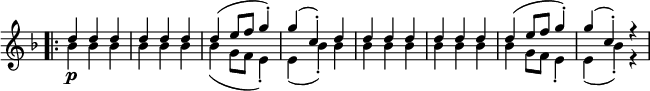 
\relative c'' {
 \new Staff \with { \remove "Time_signature_engraver" } { \key f \major \time 3/4 \set Score.tempoHideNote = ##t \tempo "" 2=86
  <<
   { \bar ".|:" d4\p d d d d d d( e8 f g4-.) g( c,-.) d d d d d d d d( e8 f g4-.) g( c,-.) r }
   \\
   { bes4 bes bes bes bes bes bes( g8 f e4-.) e( bes'-.) bes bes bes bes bes bes bes bes g8 f e4-.) e( bes'-.) r }
  >>
 }
}
