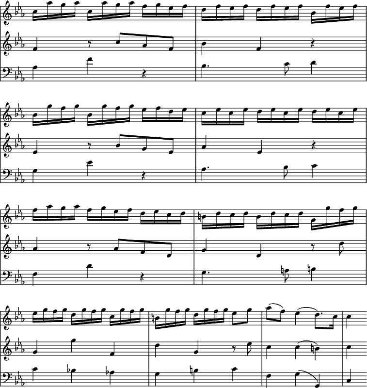 
{
  \language "italiano"
  \new StaffGroup <<
    \omit StaffGroup.SystemStartBracket
    \omit Score.BarNumber
    \new Staff {
      \set Staff.midiInstrument = #"violin"
      \set Score.tempoHideNote = ##t
      \tempo "" 4 = 70
      \omit Staff.TimeSignature
      \relative do'' {
        \clef "treble" \key mib \major \time 3/4
        do16 lab' sol lab do, lab' sol lab fa sol mib fa |
        re fa mib fa re fa mib fa sib, fa' mib fa |
        \break
        sib, sol' fa sol sib, sol' fa sol mib fa re mib |
        do mib do mib re mib do mib re mib do mib |
        \break
        fa lab  sol lab fa sol mib fa re mib do re |
        si re do re si re do re sol, sol' fa sol |
        \break
        mib sol fa sol re sol fa sol do, sol' fa sol |
        si, sol' fa sol re sol fa sol mib8 sol |
        lab8( fa) mib4( re8.) do16 |
        do4
      }
    } \new Staff {
      \set Staff.midiInstrument = #"violin"
      \omit Staff.TimeSignature
      \override Stem.neutral-direction = #up
      \relative do' {
        \clef "treble" \key mib \major \time 3/4
        fa4 r8 do' lab fa |
        sib4 fa r |

        mib4 r8 sib' sol mib |
        lab4 mib r |

        lab r8 lab fa re |
        sol4 re r8 re' |

      \override Stem.neutral-direction = #down
        sol,4 sol' fa, |
        re' sol, r8 mib' |
        do4 do( si) |
        do
      }
    } \new Staff {
      \set Staff.midiInstrument = #"cello"
      \accidentalStyle neo-modern
      \omit Staff.TimeSignature
      \stemUp
      \relative do'{
        \clef "bass" \key mib \major \time 3/4
        \stemDown
        lab4 fa' r |
        sib,4. do8 re4 |

        sol, mib' r |
        lab,4. sib8 do4 |

        fa, re' r |
        sol,4. la8 si4 |
        do sib lab |
        sol si do |
        fa, sol( \stemUp sol,) do
      }
    }
  >>
}
