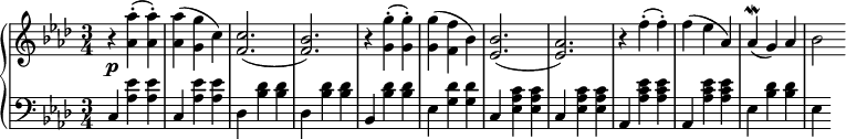 
 \relative c' {
  \new PianoStaff <<
   \new Staff { \key f \minor \time 3/4 
    \set Score.tempoHideNote = ##t \tempo "" 2. = 52
    r <aes' aes'>-.( <aes aes'>-.) <aes aes'>( <g g'> c) <c f,>2.( <bes f>) r4 <g g'>4-.( <g g'>-.) <g g'>( <f f'> bes) <bes ees,>2.( <aes ees>) r4 f'4-.( f-.) f ( ees aes,) aes\mordent( g) aes bes2
   }
   \new Dynamics {
    s\p
    }
   \new Staff { \key f \minor \time 3/4 \clef bass
    c,,4 <aes' ees'> <aes ees'> c, <aes' ees'> <aes ees'> des, <bes' des> <bes des> des, <bes' des> <bes des> bes, <bes' des> <bes des> ees, <g des'> <g des'> c, <ees c' aes> <ees c' aes> c <ees c' aes> <ees c' aes> aes, <aes' ees' c> <aes ees' c> aes, <aes' ees' c> <aes ees' c> ees <bes' des> <bes des> ees,
   }
  >>
 }
