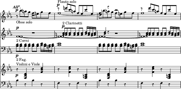 << \new Staff { \override Score.Rest #'style = #'classical \override Score.TimeSignature #'stencil = ##f \time 4/4 \key c \minor \tempo \markup { \italic { \concat { All \super o . } } } << \new Voice \relative e''' { \stemUp R1 r8^"Flauto solo"^\p e c a f ees c' ees, | d4 r r2 | r8 ees'8 c a f ees c' ees, }
\new Voice \relative b'' { \stemDown r8_"Oboe solo"^\p bes a g f e g f | f1 _~ | f8 bes a g f e g f | f1 ~ } >> }
\new Staff { \key c \minor << \new Voice \relative f' { f1_"2 Corni"^\p ~ f ~ f ~ f }
\new Voice \relative f' { f1 ~ f ~ f ~ f }
\new Voice \relative a' { \stemUp R1 <a c>8^"2 Clarinetti"^\p q q q q q <bes d>16 <a c> <bes g> <a c> | <bes d>4 r r2 | <a c>8 q q q q q <bes d>16 <a c> <bes g> <a c> } >> }
\new Staff { \clef bass \key c \minor \relative b { <bes d>8\p_"2 Fag." q q q q q <c ees>16 <bes d> <c a> <bes d> | <c ees>1 | <bes d>8 q q q q q <c ees>16 <bes d> <c a> <bes d> | <c ees>1 } } 
\new Staff { \key c \minor \relative d' { r4\p^"Violini e Viole" <d bes f> r <f bes d> | r <f c' ees> r <c a f> | r <d bes f> r <f bes d> | r <f c' ees> r <c a f> } }
\new Staff { \clef bass \key c \minor \repeat unfold 2 { bes4 r bes r | f r f r } } >>