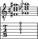  
<<
  %\override Score.BarLine.break-visibility = ##(#f #t #t)
  \time 2/1
    \new Staff  {
    \clef "treble_8"
        \once \override Staff.TimeSignature #'stencil = ##f
        <  fis cis' e' ais'>1 | <  ges des' fes' bes'>1 |
    }

     \new TabStaff {
       \override Stem #'transparent = ##t
       \override Beam #'transparent = ##t 
      s2 <  fis\4 cis'\3 e'\2 ais'\1>1 s2
  }
>>
