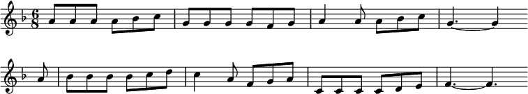 \new Staff <<\clef treble \key f \major {      \time 6/8 \partial 2.      \relative a' {	a8 a a a bes c | g8 g g g f g | a4 a8 a bes c | g4.~ g4 \bar"" \break        a8 | bes8 bes bes bes c d | c4 a8 f g a | c,8 c c c d e | f4.~ f4. \bar"" \break      }    }%\new Lyrics \lyricmode {%}>>\layout { indent = #0 }\midi { \tempo 4. = 56 }