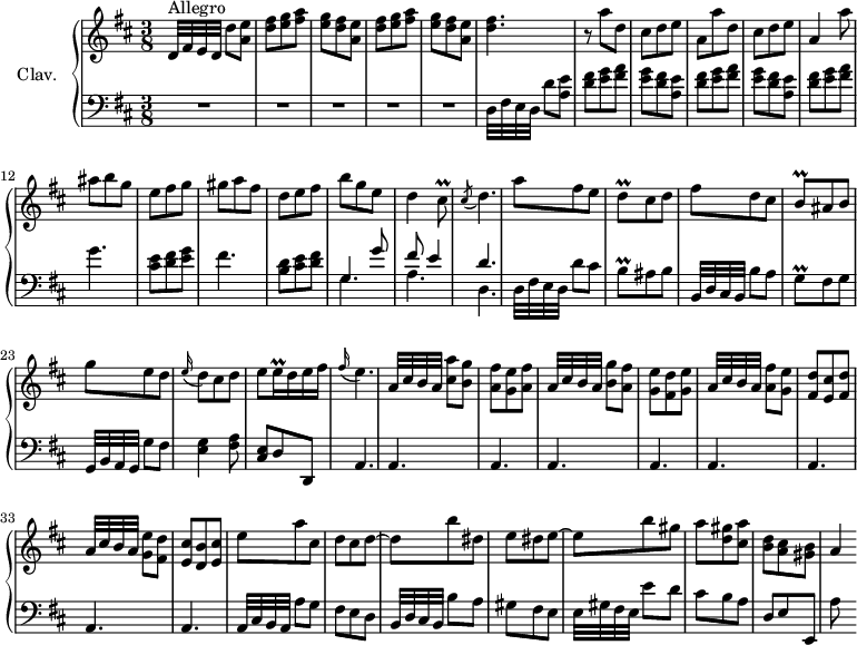 
\version "2.18.2"
\header {
  tagline = ##f
  % composer = "Domenico Scarlatti"
  % opus = "K. 313"
  % meter = "Allegro"
}

%% les petites notes
trillCisq     = { \tag #'print { cis8\prall } \tag #'midi { d32 cis d cis } }
appoDq        = { \tag #'print { \acciaccatura cis8 d4. } \tag #'midi {   \tempo 4. = 40 cis8 d4   \tempo 4. = 60 } }
trillBq       = { \tag #'print { b8\prall } \tag #'midi { cis32 b cis b } }
trillGq       = { \tag #'print { g8\prall } \tag #'midi { a32 g a g } }
trillDq       = { \tag #'print { d8\prall } \tag #'midi { e32 d e d } }
appoEq        = { \tag #'print { \appoggiatura fis16 e4. } \tag #'midi {   \tempo 4. = 40 fis8 e4   \tempo 4. = 60 } }
trillEq       = { \tag #'print { e16\prall } \tag #'midi { \times 2/3 { e32 d e } } }

upper = \relative c'' {
  \clef treble 
  \key d \major
  \time 3/8
  \tempo 4. = 60
  \set Staff.midiInstrument = #"harpsichord"
  \override TupletBracket.bracket-visibility = ##f

      s8*0^\markup{Allegro}
      d,32[ fis e d] d'8 < a e' > | \repeat unfold 2 { < d fis > < e g > < fis a > | < e g > < d fis > < a e' > } | < d fis >4. | r8 a'8 d, |
      % ms. 8
      cis8 d e | a, a' d, | cis d e | a,4 a'8 | ais b g | e fis g | gis a fis |
      % ms. 15
      d8 e fis | b g e | d4 \trillCisq | \appoDq | a'8 fis e | \trillDq cis8 d | fis d cis |
      % ms. 22
      \trillBq ais8 b | g' e d | \appoggiatura e16 d8 cis d | e \trillEq d16 e fis | \appoEq | a,32[ cis b a] < cis a' >8 < b g' > | < a fis' > < g e'  > < a fis' > |
      % ms. 29
      a32[ cis b a] < b g' >8 < a fis' > | < g e' > < fis d' > < g e' > | a32[ cis b a] < a fis' >8 < g e' > | < fis d' > < e cis' > < fis d' > | a32[ cis b a] < g e' >8 < fis d' > | < e cis' > < d b' > < e cis' > |
      % ms. 35
      e'8 a cis, | d cis d~ | d b' dis, | e dis e~ | e b' gis | a < d, gis > < cis a' > |
      % ms. 41
      < b d >8 < a cis > < gis b > | a4

}

lower = \relative c' {
  \clef bass
  \key d \major
  \time 3/8
  \set Staff.midiInstrument = #"harpsichord"
  \override TupletBracket.bracket-visibility = ##f

    % ************************************** \appoggiatura a16  \repeat unfold 2 {  } \times 2/3 { }   \omit TupletNumber 
      R4.*5 | d,32[ fis e d] d'8 < a e' > | \repeat unfold 2 { < d fis > < e g > < fis a > | < e g > < d fis > < a e' > } |
      % ms. 11
      < d fis > < e g > < fis a > | g4. | < cis, e >8 < d fis > < e g > | fis4. |
      % ms. 15
      < b, d >8 < cis e > < d fis > | << { g,4 g'8 | fis8 e4 | d4. } \\ { \mergeDifferentlyDottedOn g,4. | a | d, } >> | d32[ fis e d] d'8 cis | \trillBq ais b | b,32[ d cis b] b'8 a |
      % ms. 22
      \trillGq  fis g | g,32[ b a g] g'8 fis | < e g >4 < fis a >8 | < cis e >8 d d, | \repeat unfold 9 { a'4. }
      % ms. 35
      a32[ cis b a] a'8 g | fis e d | b32[ d cis b] b'8 a | gis fis e | e32[ gis fis e] e'8 d | cis b a |
      % ms. 41
      d,8 e e, | a'

}

thePianoStaff = \new PianoStaff <<
    \set PianoStaff.instrumentName = #"Clav."
    \new Staff = "upper" \upper
    \new Staff = "lower" \lower
  >>

\score {
  \keepWithTag #'print \thePianoStaff
  \layout {
      #(layout-set-staff-size 17)
    \context {
      \Score
     \override SpacingSpanner.common-shortest-duration = #(ly:make-moment 1/2)
      \remove "Metronome_mark_engraver"
    }
  }
}

\score {
  \keepWithTag #'midi \thePianoStaff
  \midi { }
}
