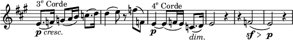 
\relative c' \new Staff \with { \remove "Time_signature_engraver" } {
 \set Score.tempoHideNote = ##t \tempo "" 8=92 \key a \major \time 3/4
 e8.( ^\markup { \concat { 3 \super e } Corde } _\markup { \dynamic p \italic cresc. }
  f16) g8( a16 b) c8.( d16) d4( e8) r f( f,) 
  e4~ \p ^\markup { \concat { 4 \super e } Corde } e8( f16 e) c8.( _\markup \italic dim.
  d16) e2 r4 r f2\sf \> ( e\p ) r4
}
