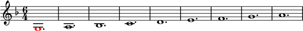 
\relative g'
{  
\time 6/4 
\key f \major
\override Voice.NoteHead.color = #(rgb-color 1 0 0)g,1. \override Voice.NoteHead.color = #(rgb-color 0 0 0)a1. bes1. c1. d1. e1. f1. g1. a1.
} 
