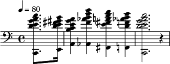 {\tempo4=80\clef bass\set Staff.midiInstrument=#"string ensemble 1"\partial4<c,d'e'g'a'c''>8.<e,d'e'fis'gis'b'>16<a,b c'e'g'a'>4<aes,f'aes'b'd''f''>4<fis,e'fis'a'c''e''>4<f,d'f'aes'b'd''>4<c,d'e'g'a'c''>2.r4}