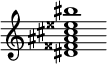 {
  % Rivin lopun pystyviiva ja tahtiosoitus piiloon.
  \override Score.BarLine.break-visibility = ##(#f #t #t)
  \override Staff.TimeSignature #'stencil = ##f
  
  <dis' fisis' ais' cis'' eisis'' bis''>1
}
