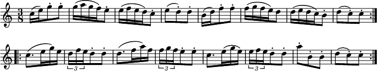 \relative c'' { \time 3/8 \key c \major \override Score.BarNumber #'break-visibility = #'#(#f #f #f)
\repeat volta 2 {
  c16( e) g8-. g-. | g16\( a g f\) e8-. | e16\( f e d\) c8-. |
  e8( d)-. d-. | b16( d) f8-. f-. | f16\( g f e\) d8 |
  d16\( e d c\) b8-. | d( c)-. c-. }
\repeat volta 2 { c8.\( e16 g\) e | \tuplet 3/2 { d16 f e } d8-. d-. |
  d8.\( f16 a\) f | \tuplet 3/2 { f16 g f } e8-. e-. |
  c8. e16\( g e\) | \tuplet 3/2 { e16 f e } d8-. d-. |
  a'-. b,-. b-. | d( c)-. c-. } }