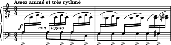  { \new PianoStaff \with {\override StaffGrouper.staff-staff-spacing.padding = #5 } << 
\new Staff = "right" {\key a \minor \time 3/4 \set Score.tempoHideNote = ##t \tempo "Assez animé et très rythmé" 4=138  \relative a 
{\shape #'((0 . 1) (0 . 1) (0 . 0.5) (0 . 0)) Slur
\stemUp \change Staff = "left" a16( \change Staff = "right" \stemDown  c e_\markup {\translate #'(1 . -6)  \italic non} c) 
\shape #'((0 . 1) (0 . 1) (0 . 0.5) (0 . 0)) Slur
\stemUp \change Staff = "left" a16( \change Staff = "right" \stemDown  c_\markup {\translate #'(-1.5 . -6) \italic legato} e c) 
\shape #'((0 . 1) (0 . 1) (0 . 0.5) (0 . 0)) Slur
\stemUp \change Staff = "left" a16( \change Staff = "right" \stemDown  c e c) 
\shape #'((0 . 3) (0 . 1) (0 . 0.5) (0 . 0.5)) Slur
\stemUp \change Staff = "left" g16( \change Staff = "right" \stemDown  bes d bes) 
\shape #'((0 . 1) (0 . 1) (0 . 0.5) (0 . 0)) Slur
\stemUp \change Staff = "left" g16( \change Staff = "right" \stemDown  bes d bes) 
\stemUp \change Staff = "left" g16( \change Staff = "right" \stemDown <bes d>) 
\shape #'((0.5 . 2) (0 . 1.5) (0 . 1.5) (0 . 1)) Slur
\stemUp \change Staff = "left" gis16( \change Staff = "right" \stemDown <b dis>) }
}
\new Dynamics {s8-\markup {\right-align \dynamic f} }
\new Staff = "left" {\clef bass \key a \minor \time 3/4
{a4_-_> a8_-_> a_-_> a_-_> e_-_> g_-_> g_-_> g_-_> g_-_> g_-_> gis_-_>}
}
>>
} 