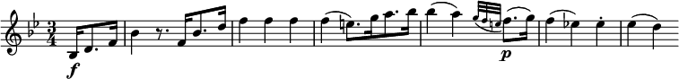  \relative bes {
\key bes \major \time 3/4
\partial 16 * 5 bes16[ \f d8. f16] | bes4 r8. f16[ bes8. d16] | f4 f f
f4( e8.)[ g16 a8. bes16] | bes4( a) \appoggiatura { g32 f e } f8.( \p g16)
f4( es!) es-. | es4( d)
} 