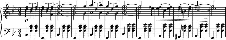 
 \relative c' {
  \new PianoStaff <<
   \new Staff { \key g \minor \time 3/4
    \set Score.tempoHideNote = ##t
     \tempo "" 2. = 56
    <<
   {
      f'( d f) f( d f)( g2.~) g2 g4 a( d, a') g( d g) g2.~ g2 f4 s\< s s s s s g2.~ g2\!
   }
    \\
   {
     d4 bes d d bes <d f,> <g, d'>2.~ <g d'>2 g4 a2 a4 g2 g4 <a ees'>2.~ <a ees'>2 ees'4 <ees f>^( c <ees f>) <d f>^( b <d f>)^( ees2.~) ees
   }
    >>
   }
   \new Dynamics {
    s\p
      }
   \new Staff { \key g \minor \time 3/4 \clef bass
      bes,,4 <f' bes d> <f bes d> f, <f' bes d> <f bes d> bes, <f' bes d> <f bes d> f, <f' bes d> <f bes d> bes, <f' bes d> <f bes d> f, <f' bes d> <f bes d> c <f a ees'> <f a ees'> f, <f' a ees'> <f a ees'> a, <f' c' ees> <f c' ees> gis,4 <f' b d> <f b d> a, <f' c' ees> <f c' ees> f, <f' c' ees> <f c' ees>
   }
  >>
 }
