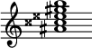 {
  % Rivin lopun pystyviiva ja tahtiosoitus piiloon.
  \override Score.BarLine.break-visibility = ##(#f #t #t)
  \override Staff.TimeSignature #'stencil = ##f
  
  <ais' cisis'' eisis'' gis'' b''>1
}
