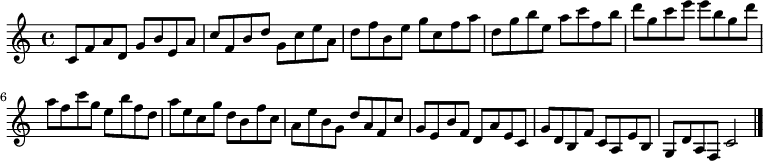 
{

\modalTranspose c c' { c d e f g a b } { c8 f a } 
\modalTranspose c d' { c d e f g a b } { c f a } 
\modalTranspose c e' { c d e f g a b } { c f a } 
\modalTranspose c f' { c d e f g a b } { c f a } 
\modalTranspose c g' { c d e f g a b } { c f a } 
\modalTranspose c a' { c d e f g a b } { c f a } 
\modalTranspose c b' { c d e f g a b } { c f a } 
\modalTranspose c c'' { c d e f g a b } { c f a } 
\modalTranspose c d'' { c d e f g a b } { c f a } 
\modalTranspose c e'' { c d e f g a b } { c f a } 
\modalTranspose c f'' { c d e f g a b } { c f a } 
\modalTranspose c g'' { c d e f g a b } { c f a } 

\modalInversion c e''' { c d e f g a b } { c f a } 
\modalInversion c d''' { c d e f g a b } { c f a } 
\modalInversion c c''' { c d e f g a b } { c f a } 
\modalInversion c b'' { c d e f g a b } { c f a } 
\modalInversion c a'' { c d e f g a b } { c f a } 
\modalInversion c g'' { c d e f g a b } { c f a } 
\modalInversion c f'' { c d e f g a b } { c f a } 
\modalInversion c e'' { c d e f g a b } { c f a } 
\modalInversion c d'' { c d e f g a b } { c f a } 
\modalInversion c c'' { c d e f g a b } { c f a } 
\modalInversion c b' { c d e f g a b } { c f a } 
\modalInversion c a' { c d e f g a b } { c f a } 
\modalInversion c g' { c d e f g a b } { c f a } 
\modalInversion c f' { c d e f g a b } { c f a } 
\modalInversion c e' { c d e f g a b } { c f a } 
\modalInversion c d' { c d e f g a b } { c f a } 

c'2

\bar "|."
}
