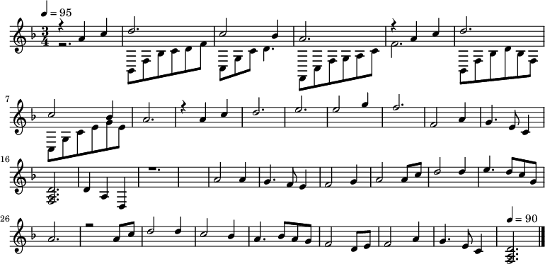 
{ \relative c' {
 \clef treble
 \key d \minor
 \time 3/4
 \tempo 4 = 95
 \set Staff.midiInstrument = "clarinet"
 << { r4 a' c d2. c2 bes4 a2. r4 a c d2. c2 bes4 a2. r4 a c d2. e e2 g4 f2. f,2 a4 g4. e8 c4 <d a f>2. d4 a d, r1. a''2 a4 g4. f8 e4 f2 g4 a2 8 c d2 4 e4. d8 c g a2. r2 a8 c d2 4 c2 bes4 a4. bes8 a g f2 d8 e f2 a4 g4. e8 c4 \tempo 4 = 90 <d a f>2. \tempo 4 = 95 } \\ { r2. bes,8 f' bes c d f c, g' c d4. f,,8 c' f g a c f2. bes,,8 f' bes d bes f c g' c e g e } >>
 \bar "|."
 }
 } 